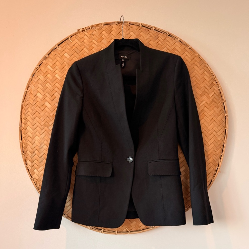 ME + EM WOMEN’s TEXTURED TAILORING COLLARLESS BLACK BLAZER CORPCORE QUIET LUXURY - Picture 9 of 16
